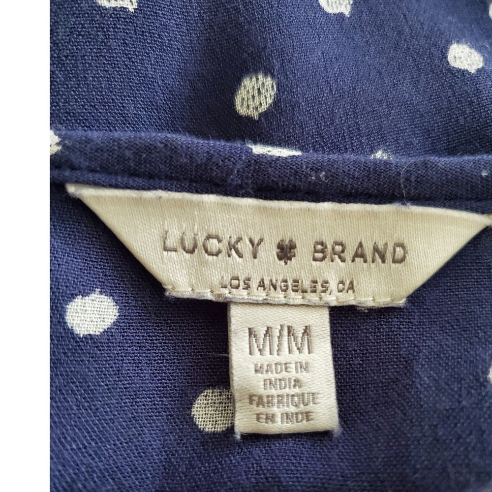 Lucky Brand Womens Navy Blue Polka Dot Tiered Babydoll Blouse Top Medium Peplum - Picture 2 of 9